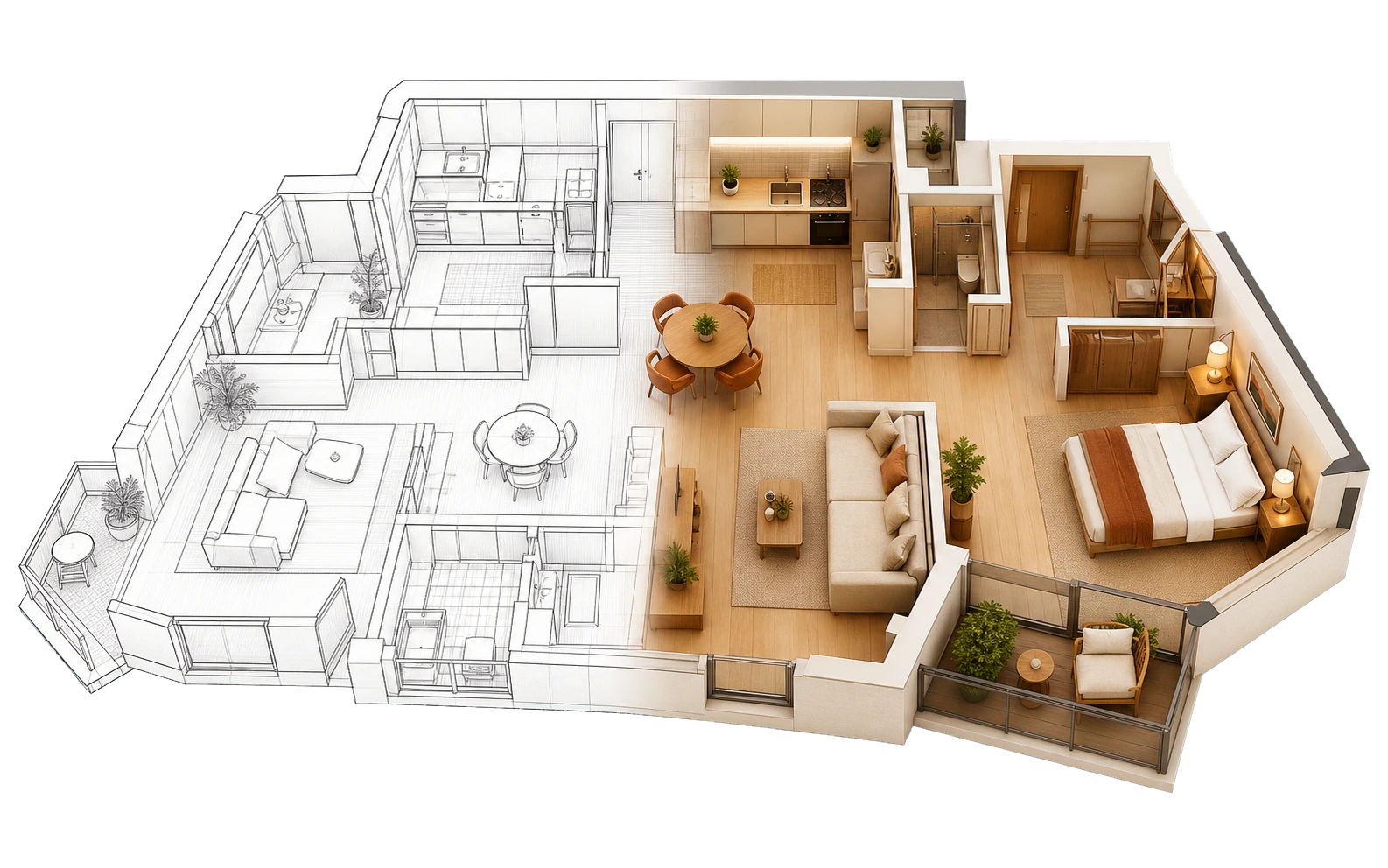 An existing floor plan becoming a furnished 3D living room