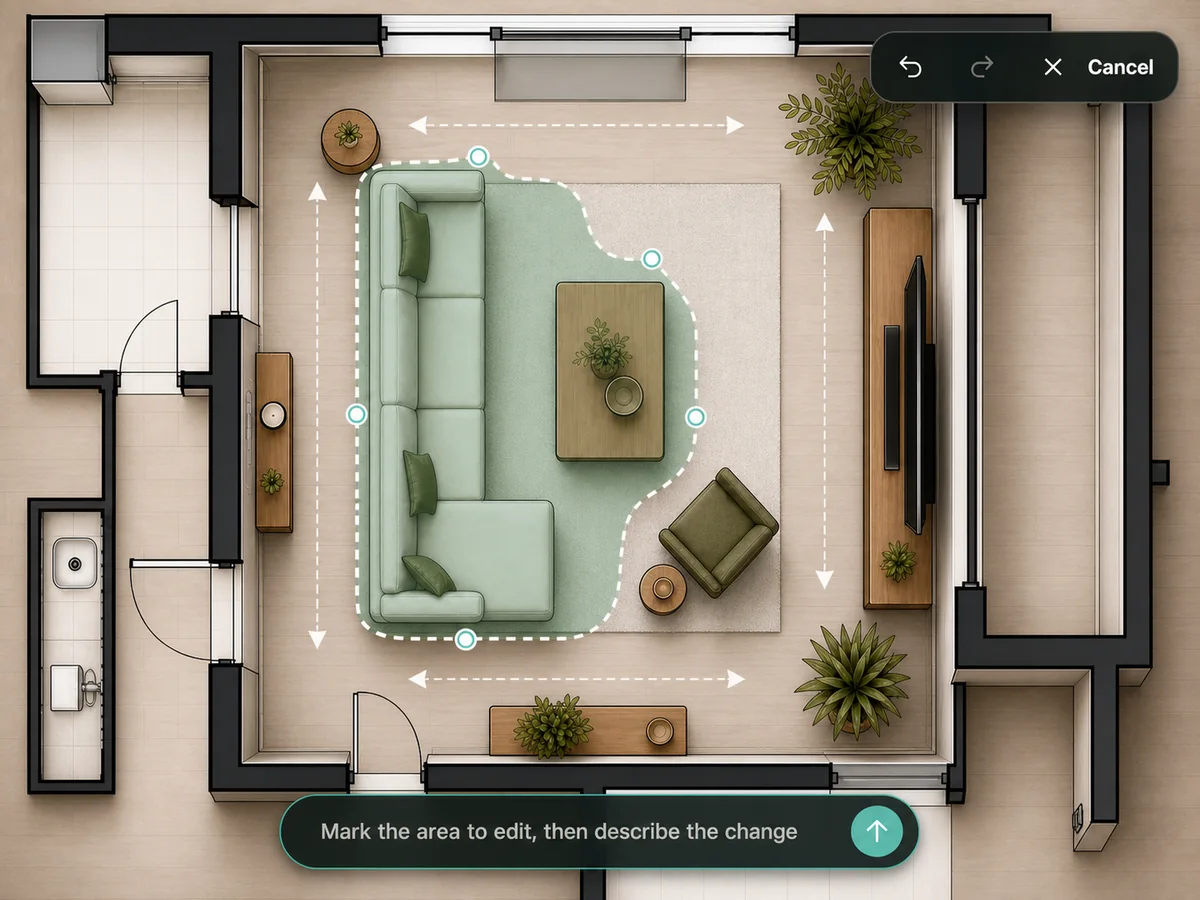 Room plan with a marked area and edit prompt