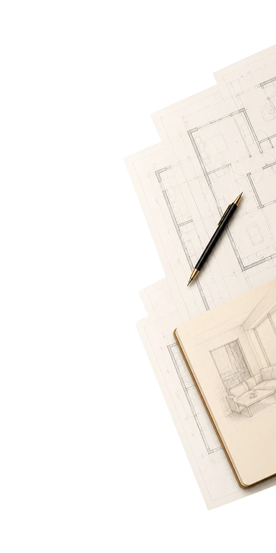 Decorative HomeDesign floor plan papers beside pricing and FAQ sections
